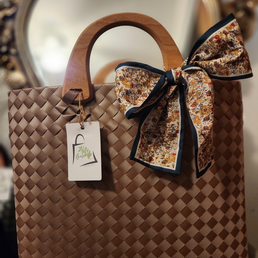 Brown Woven XL Tote Bag with Bow Accent